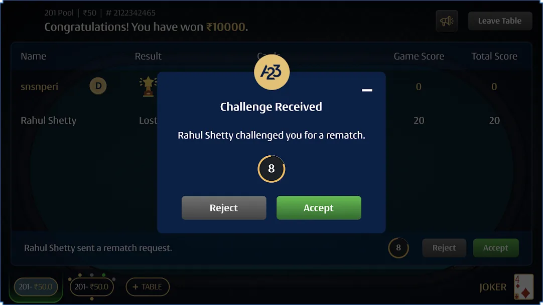 The opponent's screen: a 'Challenge Received' dialog announces 'Rahul Shetty challenged you for a rematch' with its own 10-second countdown and Reject / Accept buttons.