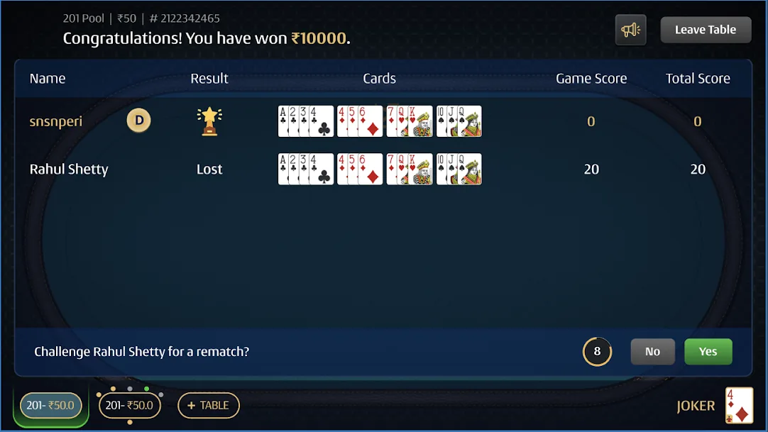 A23 Rummy result window. The winner's screen shows 'Congratulations! You have won' with the score table, and a strip along the bottom asks 'Challenge Rahul Shetty for a rematch?' beside a circular 10-second countdown and No / Yes buttons.